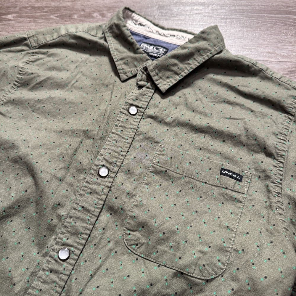 O'Neill‎ Button Up Shirt Mens Medium Green Polka Dot Cotton Surf Casual Summer